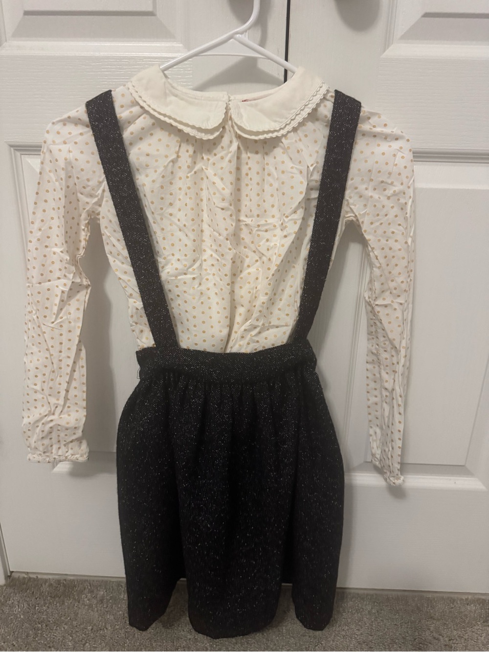 ruby & bloom Cream Polka Dot Blouse with Black Sparkle Suspender Skirt